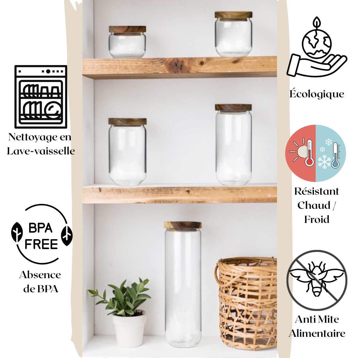 Ensemble de 5 Bocaux en Verre avec Couvercles Acacia