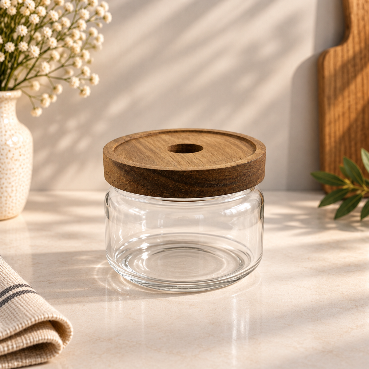Bocal en Verre et Bois d'Acacia — Couvercle Décoratif