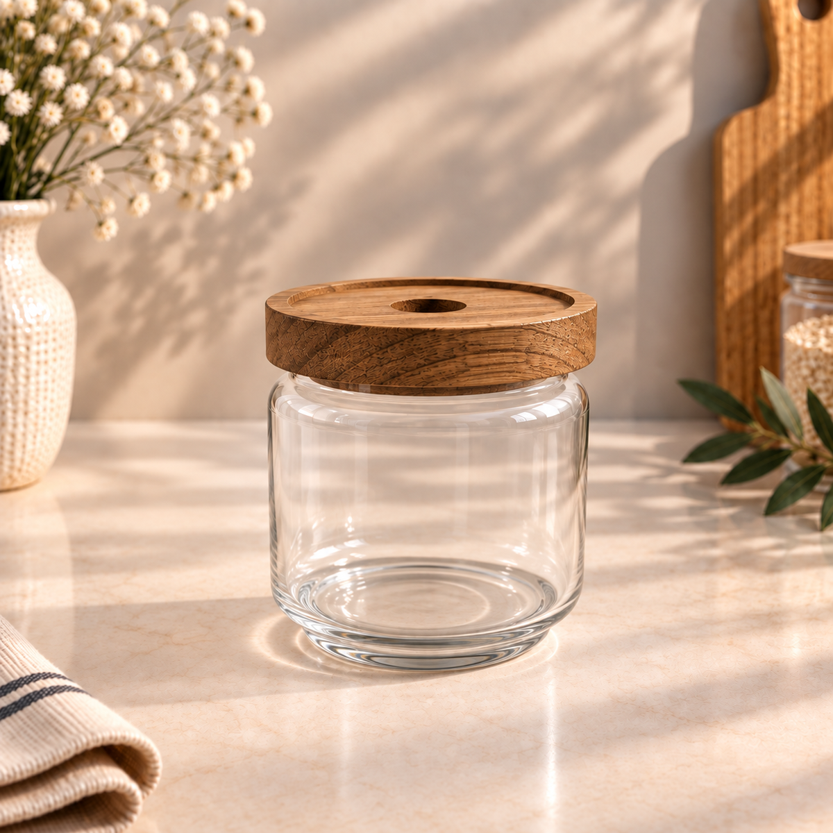 Bocal en Verre et Bois d'Acacia — Couvercle Décoratif