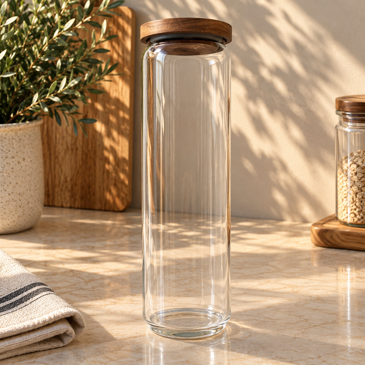 Bocal en Verre et Bois d'Acacia — Couvercle Décoratif