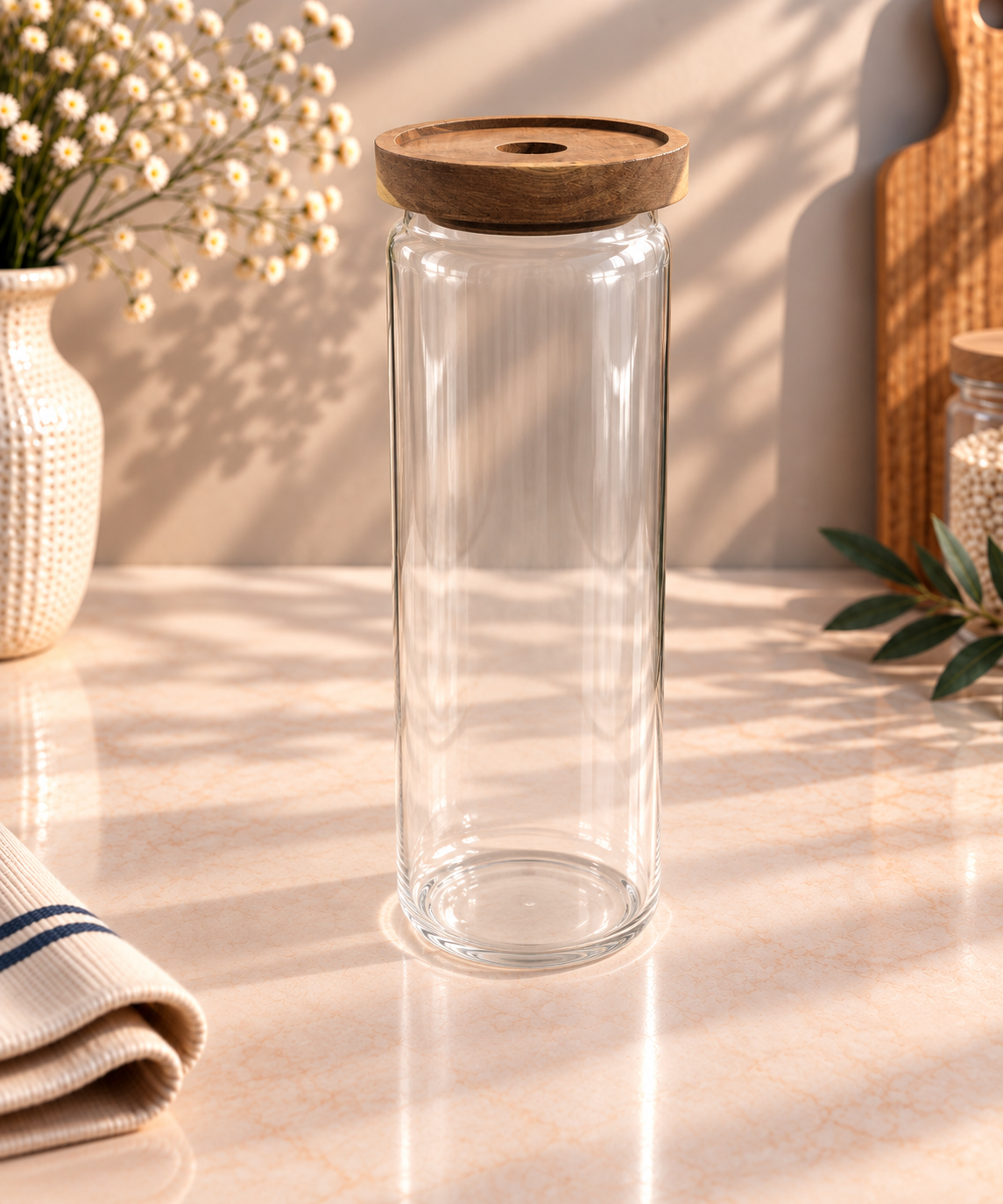 Bocal en Verre et Bois d'Acacia — Couvercle Décoratif