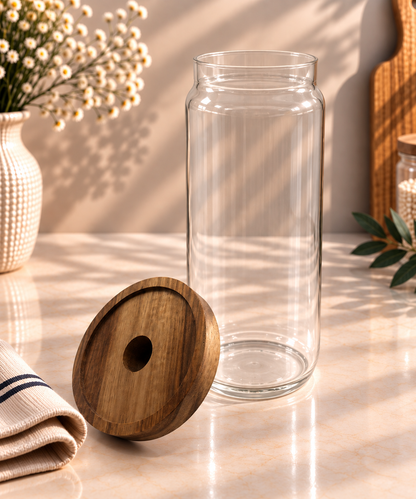 Bocal en Verre et Bois d'Acacia — Couvercle Décoratif