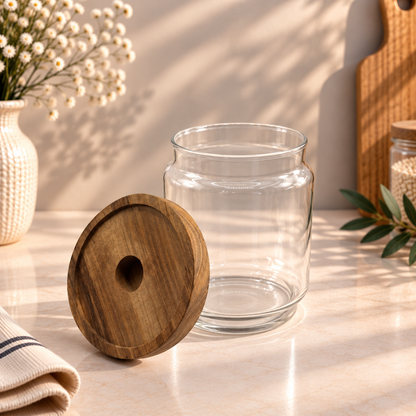 Bocal en Verre et Bois d'Acacia — Couvercle Décoratif