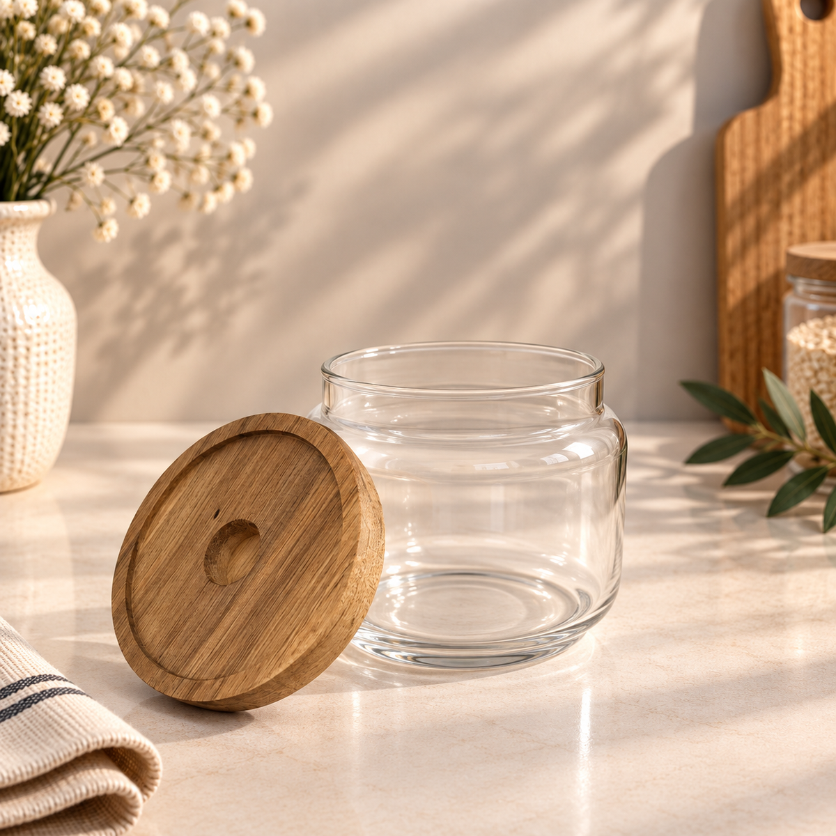 Bocal en Verre et Bois d'Acacia — Couvercle Décoratif