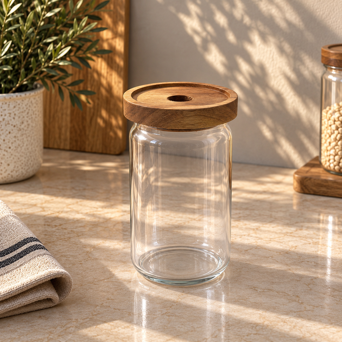 Bocal en Verre et Bois d'Acacia — Couvercle Décoratif