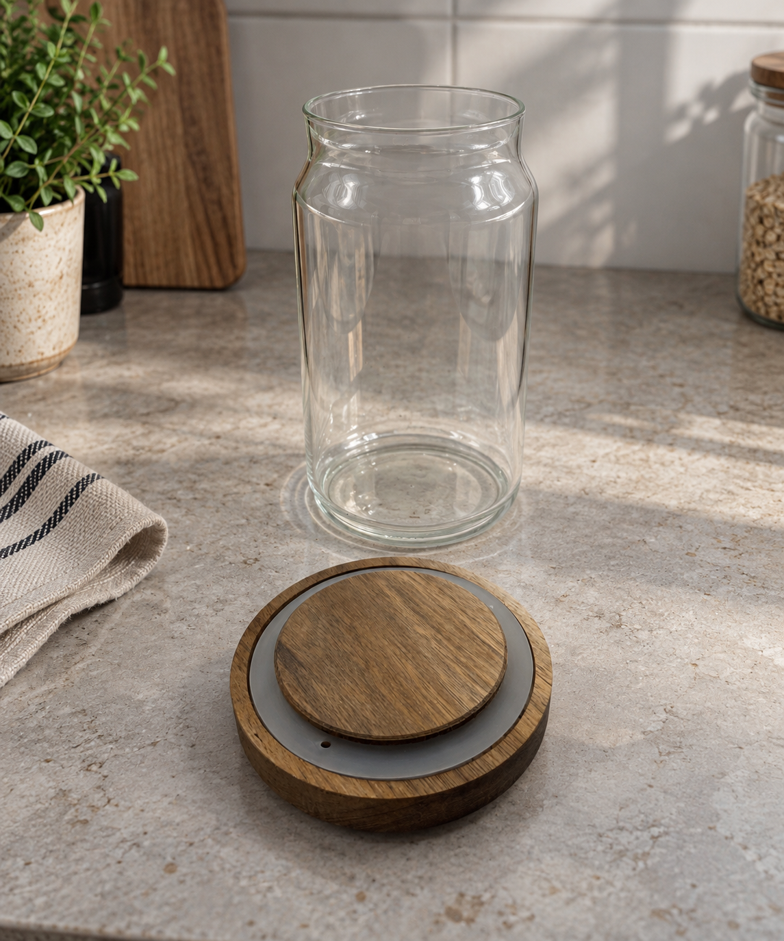 Bocal en Verre et Bois d'Acacia — Couvercle Décoratif