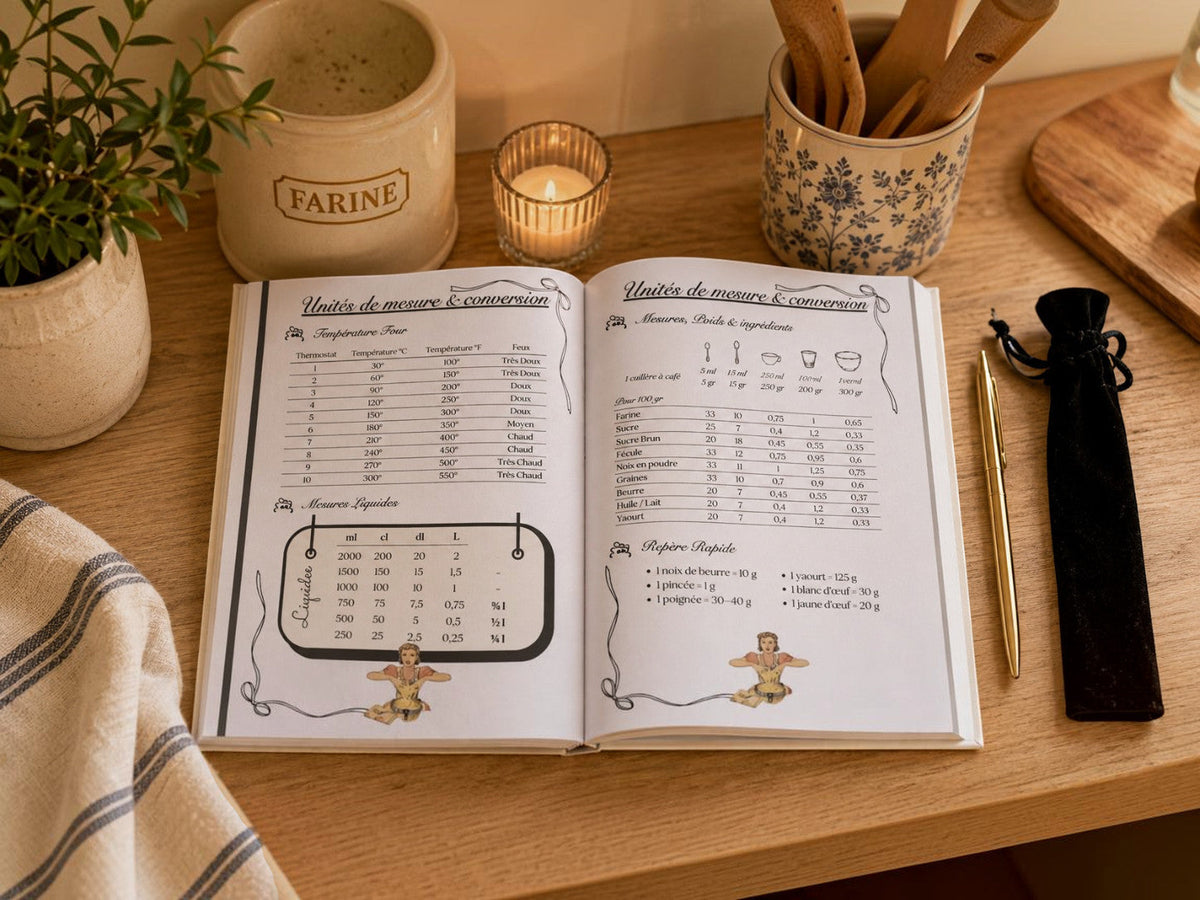 Coffret Clean BLVD avec carnet de recettes ouvert sur une table en bois, stylo en métal doré et pochon en velours