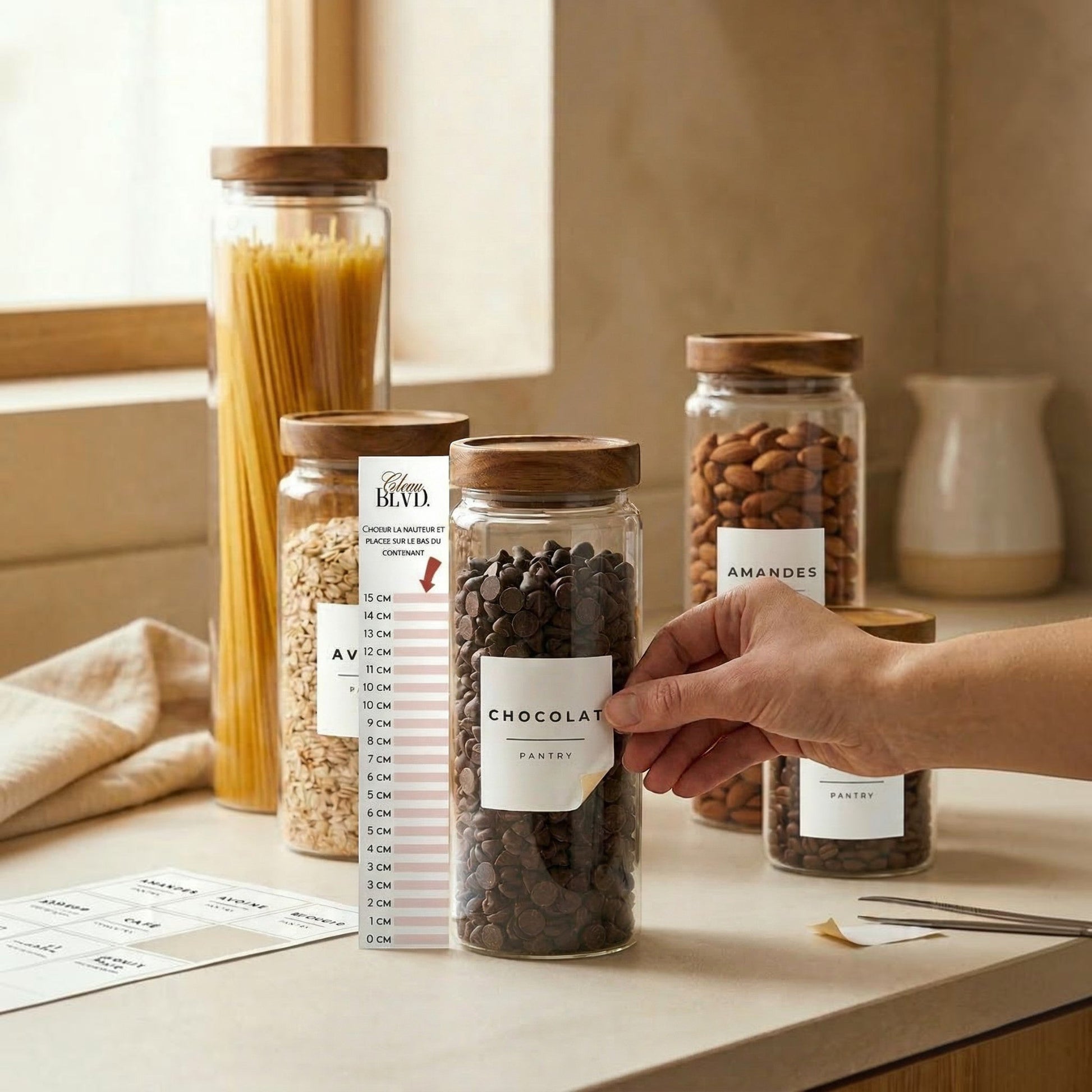 Règle repère Clean BLVD. rose pour aligner parfaitement des étiquettes sur des bocaux en verre dans une cuisine.