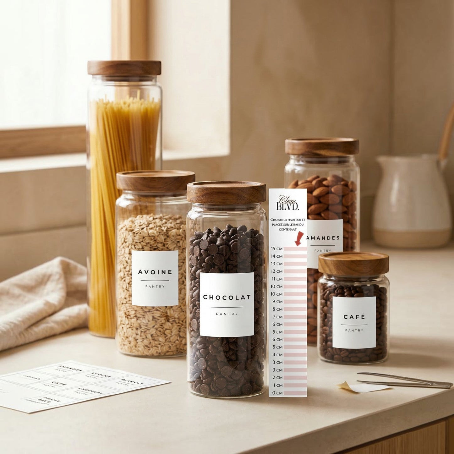 Règle repère Clean BLVD. rose pour aligner parfaitement les étiquettes sur des bocaux en verre dans une cuisine